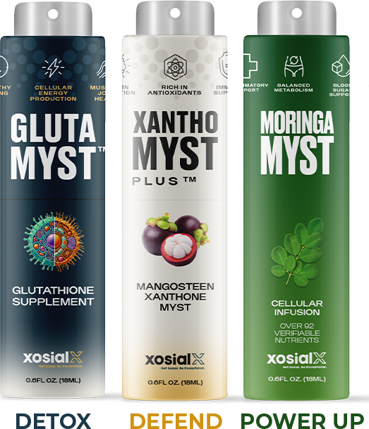 4秒ソリューショントリオ — GlutaMyst(デトックス)、XanthoMyst Plus(ディフェンド)、MoringaMyst(パワーアップ)